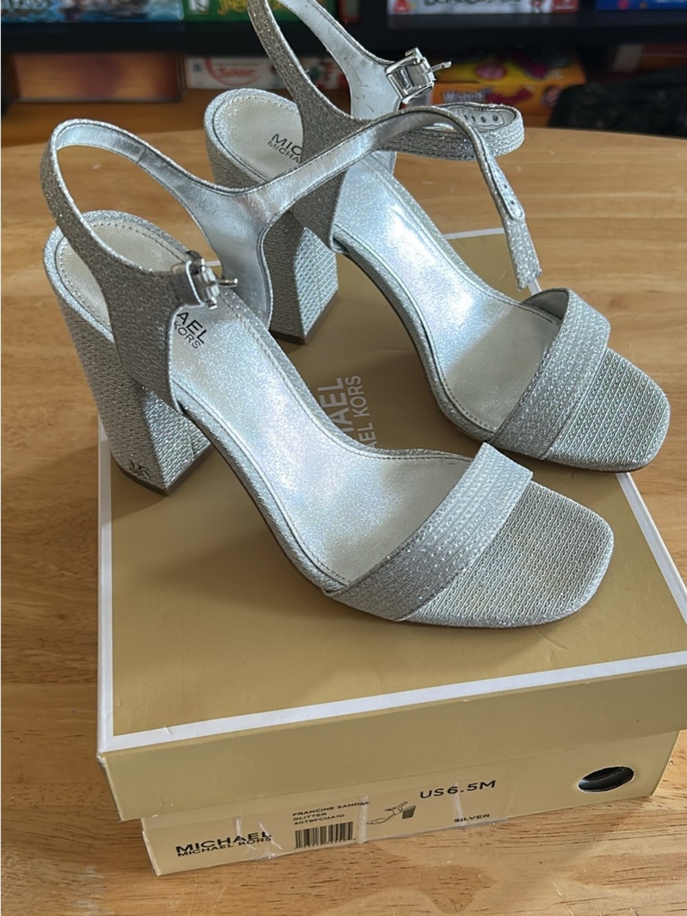 Michael Kors Silver Glitter Block Heel Sandals